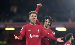 Roberto Firmino usai mencetak gol ke gawang David De Gea